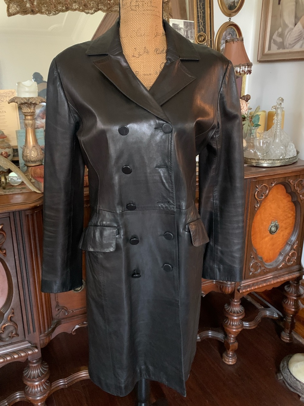 Vintage Paris France Sexy Gothic Black Leather Trench Style Jacket